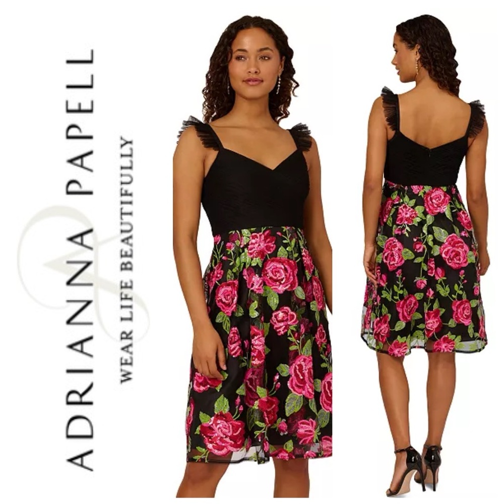 Adrianna Papell Black and Pink Floral Midi Dress
